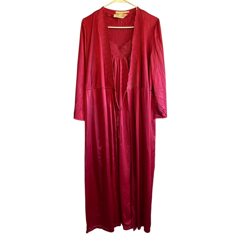 Vtg JCPenny Full Length Nightgown & Robe Satin Maxi Red Ladies
